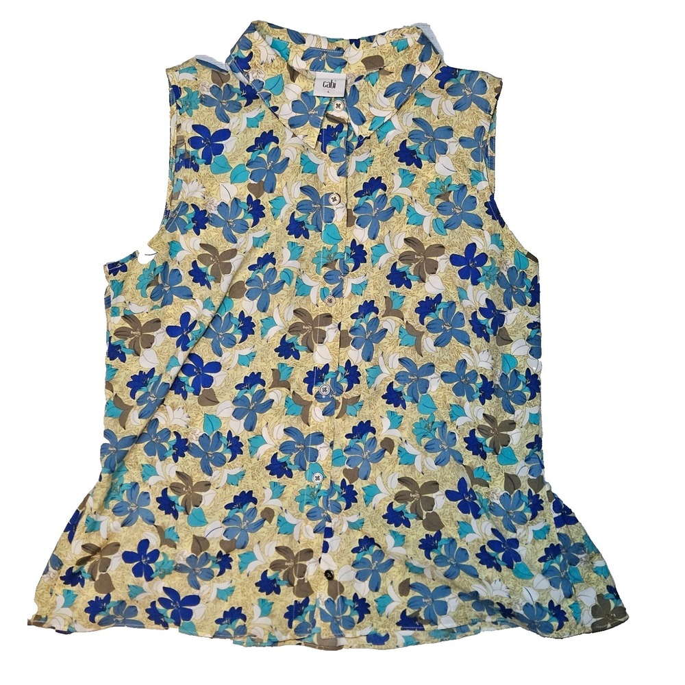 Cabi‎ Blouse Womens Large Yellow Blue Floral Wish Peplum Sleeveless Boho Summer